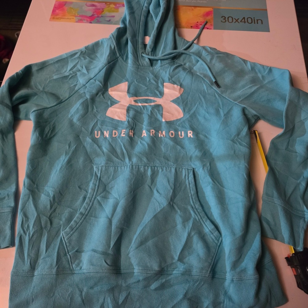 Under Armour Womens Rival Fleece Hoodie Light Blue Logo Pullover Sweatshirt M